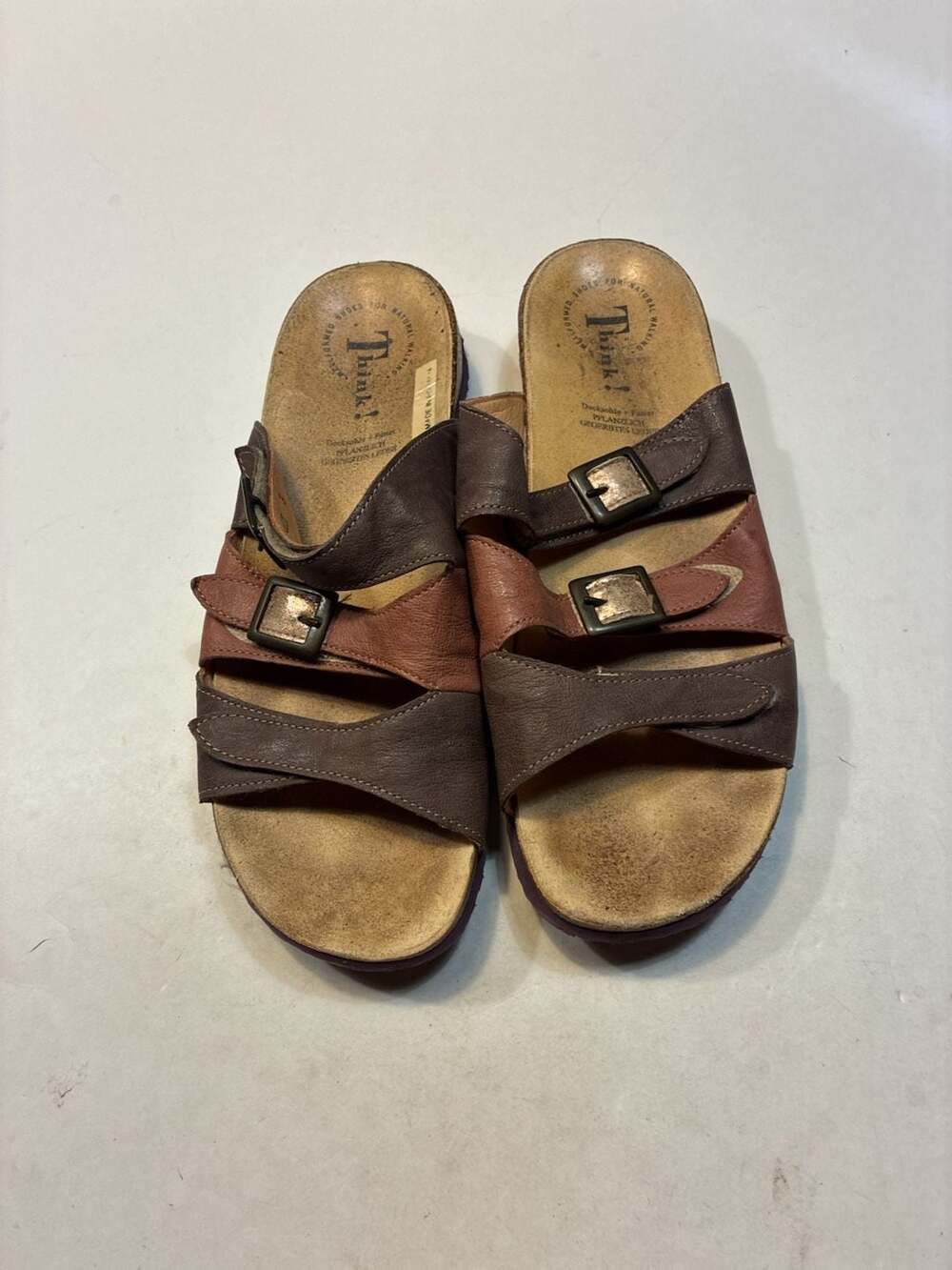 Think! Leather Multi-Strap Buckle Slide Sandals
